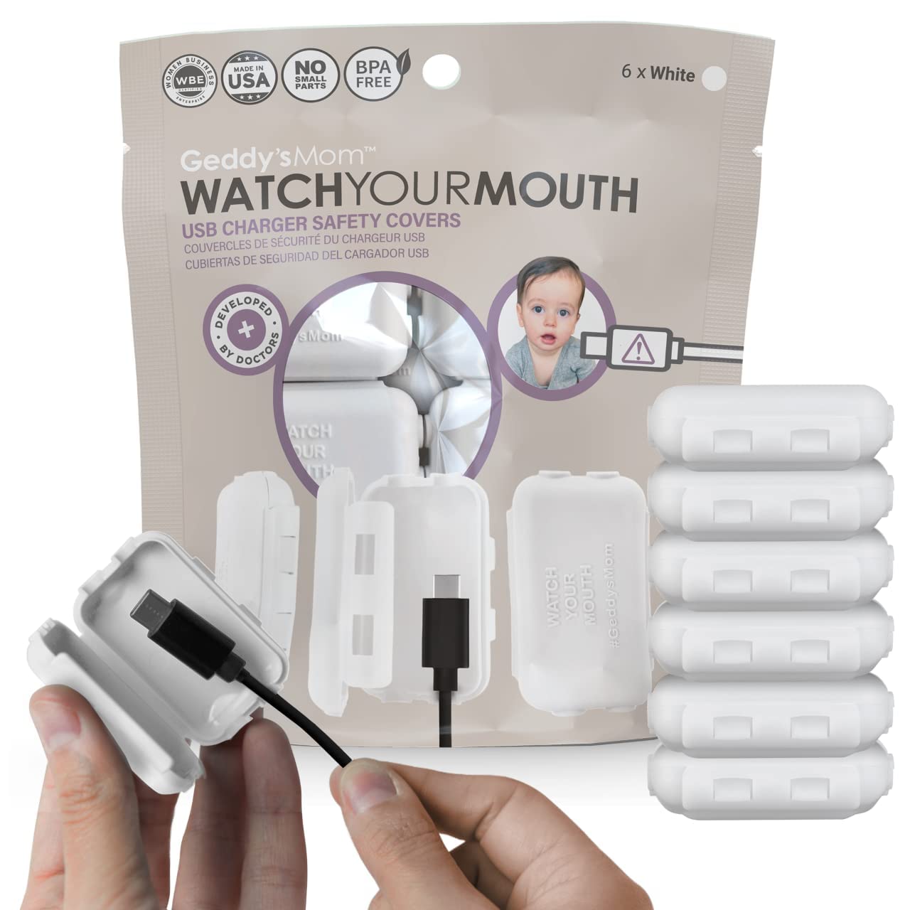 Geddy´s Mom Watch Your Mouth USB Charger Protector Award-Winning Baby Proof Cord Protector| BPA & Phthalate-Free Charger Protector | Electrical Safety Baby Products - 6 Pack (White)
