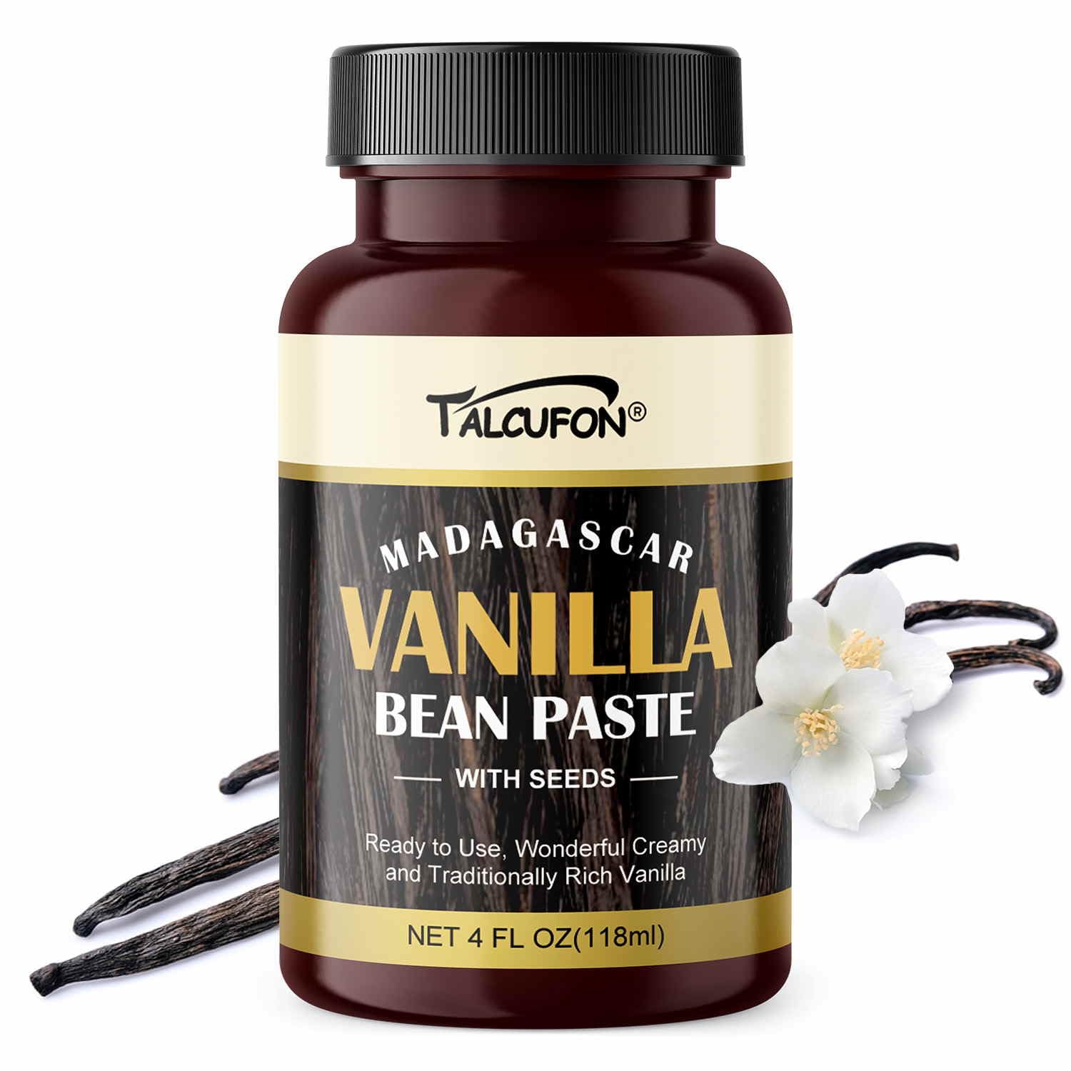 TALCUFON Vanilla Bean Paste for Baking and Cooking, Premium Madagascar Vanilla Made with Real Seeds, Vegan and Gluten-Free, 4 Ounce