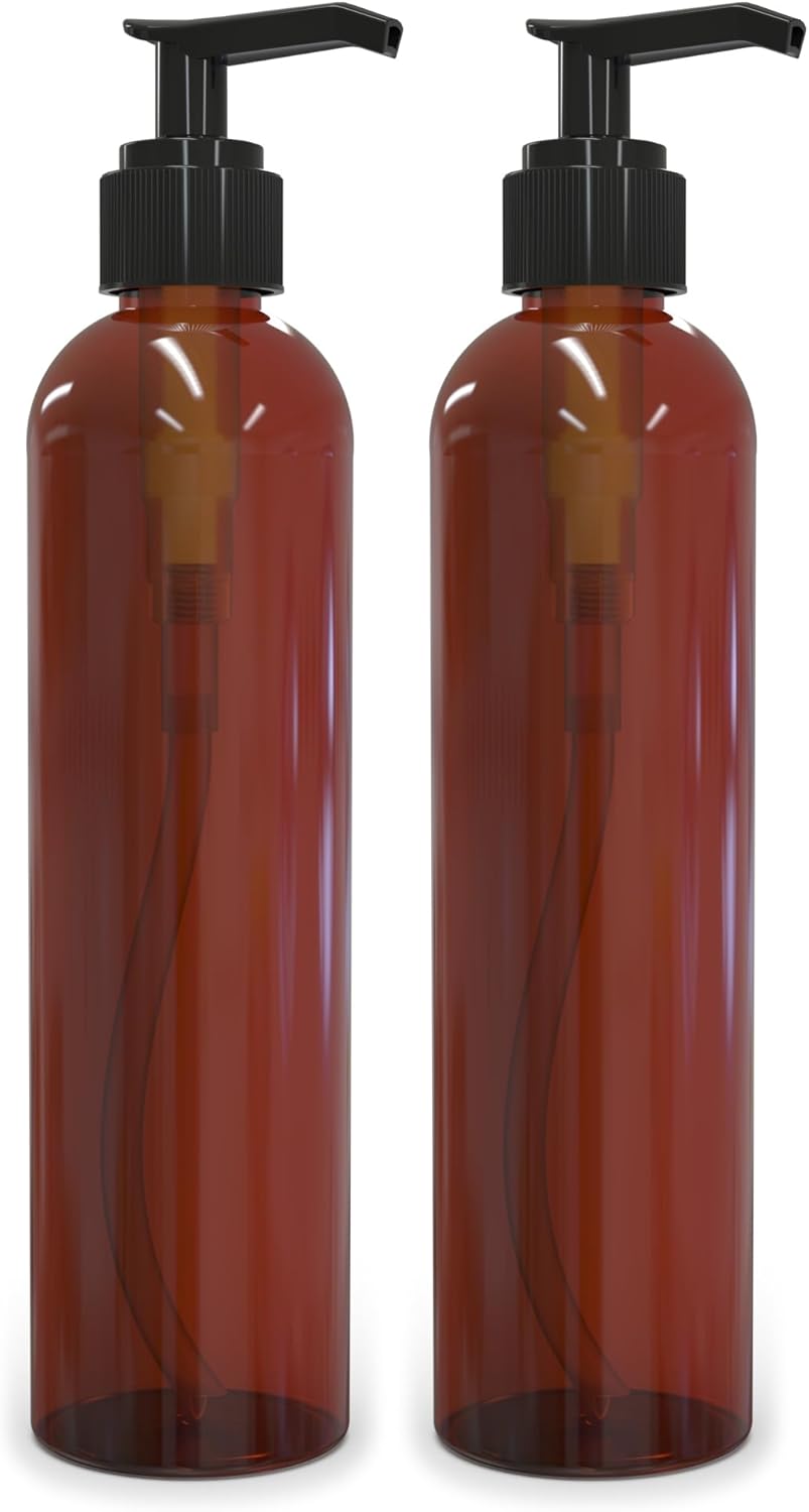 BRIGHTFROM Lotion Pump Bottles, Empty 8 OZ, BPA-Free Refillable Plastic Containers, Amber with Black Dispenser for - Soap, Shampoo, Lotions, Liquid Body Soap, Creams and Massage Oil (2 Pack)