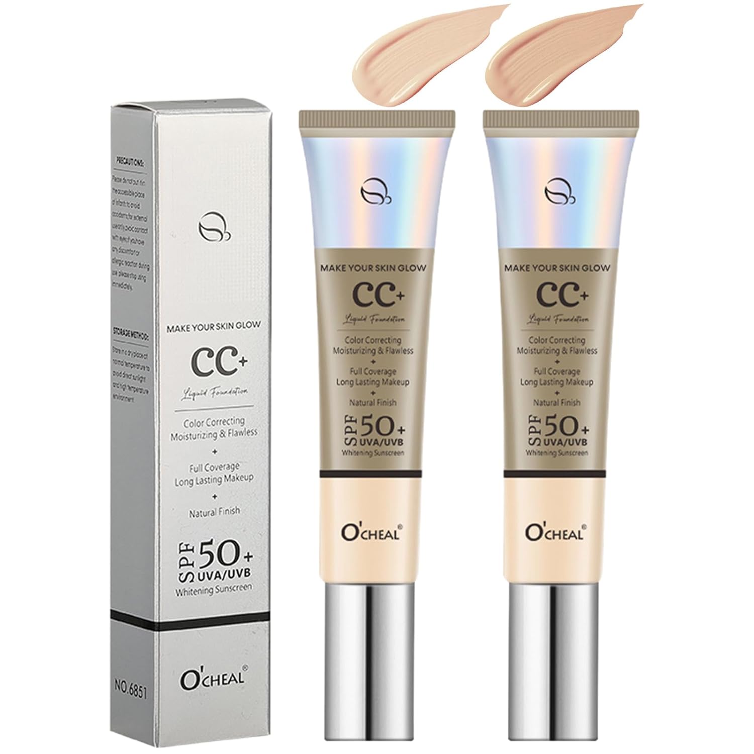 Color Correcting CC Cream, 2 Colors Natural & Ivory SPF 50 CC Cream Foundation Full-Coverage Concealer Invisible Pore Evens Skin Tone Hydrating Lightweight Long Lasting Waterproof 1.05 fl oz