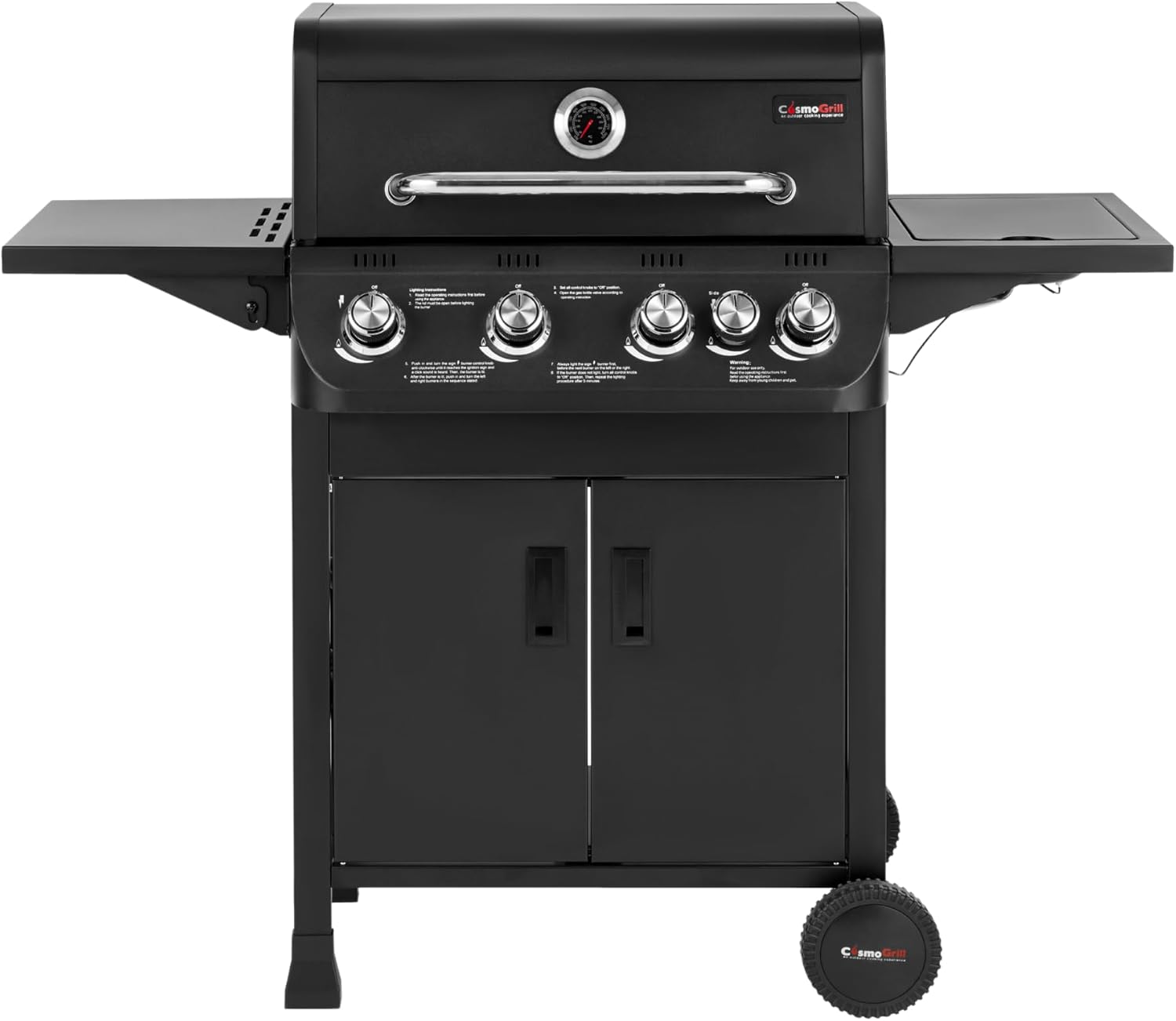 CosmoGrill NEW Emberr 5 Gas Burner 4+1 Barbecue Grill, Porcelain Warming Rack, Propane Gas Regulator Hose, Side-Burner, Storage, Wheels Built-in Temperature Gauge for Home Garden Party Outdoor Cooking