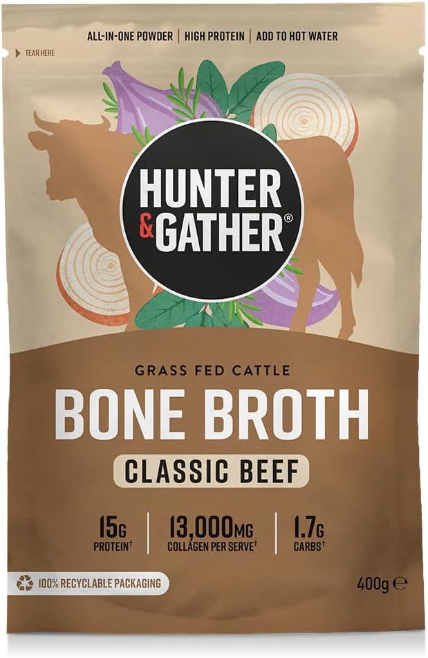 Hunter & Gather Beef Bone Broth Powder | 15g Protein | Grass Fed European Beef Collagen | Instant Savoury Drink or Cooking Boost | No Fridge Needed | 20 Servings | Keto, Paleo, Gluten-Free | 400g
