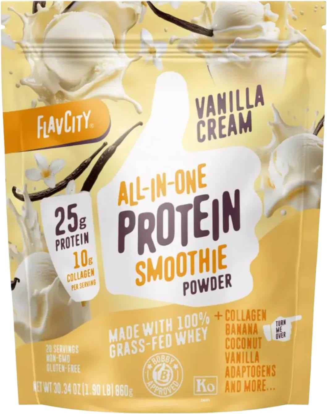 FlavCity Vanilla Protein Shake Powder with Collagen Peptides, Reishi & Cordyceps Mushrooms - Focus, Skin, Hair & Joint Support - 100% Grass Fed Whey All in One Smoothie, 20 Servings
