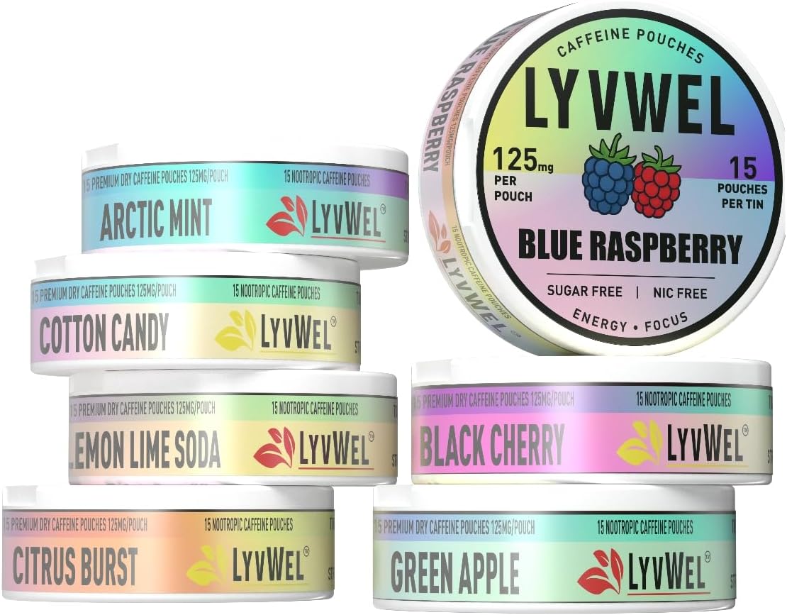 LyvWel 125mg Caffeine Energy Pouches – Clean Energy with Guarana for Focus & Stamina – 5-Pack (75 Total Pouches) (7 Pack, All Flavors)