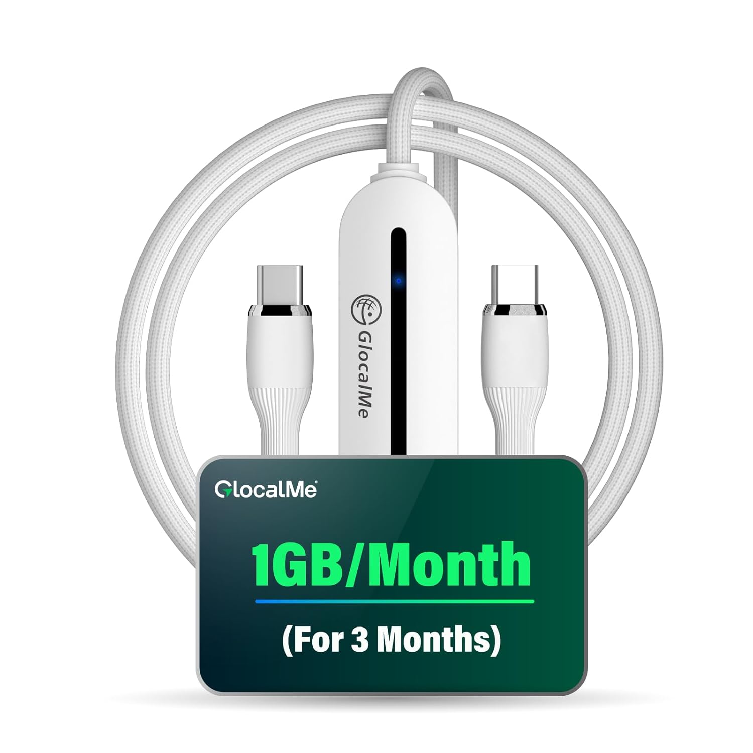 GlocalMe UniCord Charging Cable with 4G WiFi Mobile Hotspot, Register for 1GB/Month Data for 3 Months, 3.2ft USB C Cable, 65W Fast Charging USB C Cable with a USB A, Type C for iPhone, Tablet, Laptop