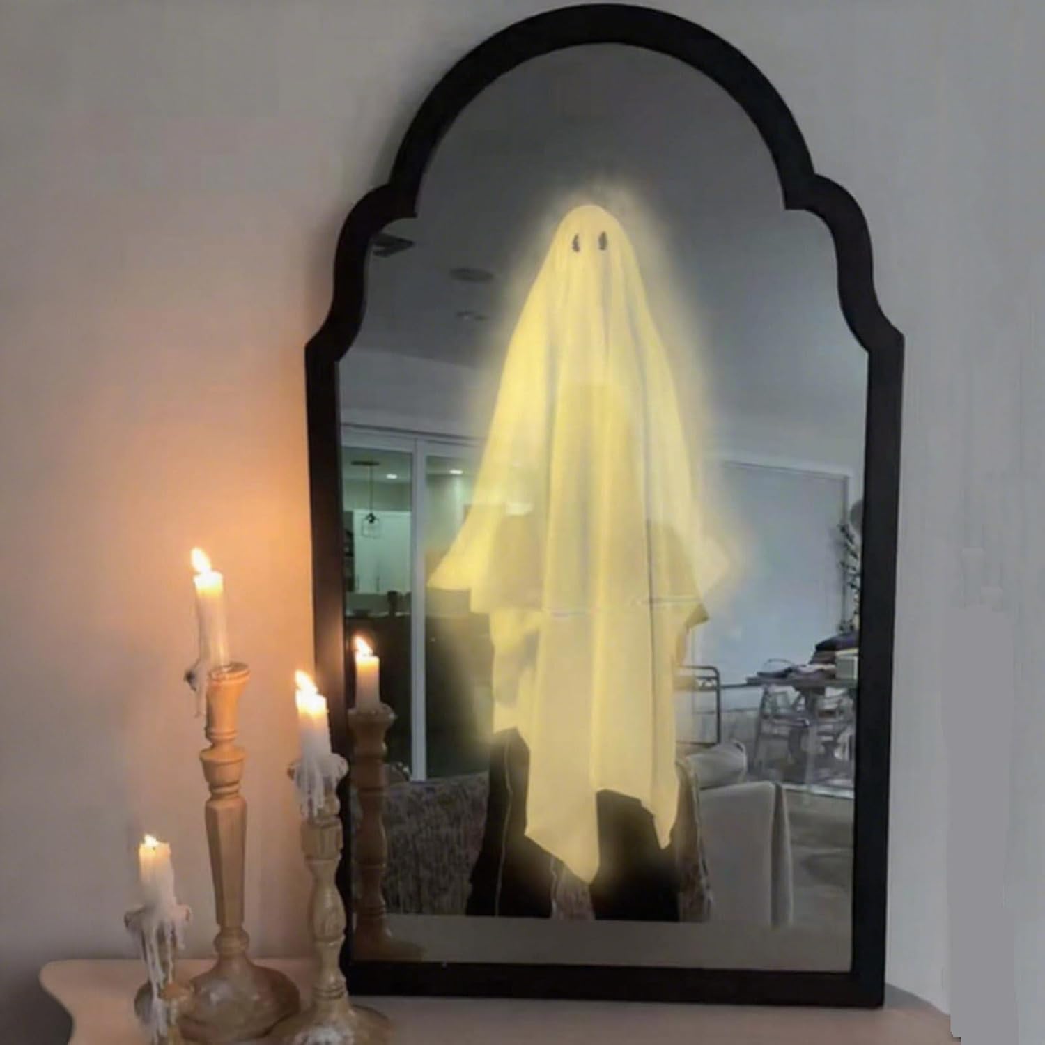2025 Halloween Hologram Ghost Mirror, Spooky Scary Ghosts for Halloween Decor Indoor, Halloween Room Decor, Hallowmas Party Supplies (1, Wavy Border)