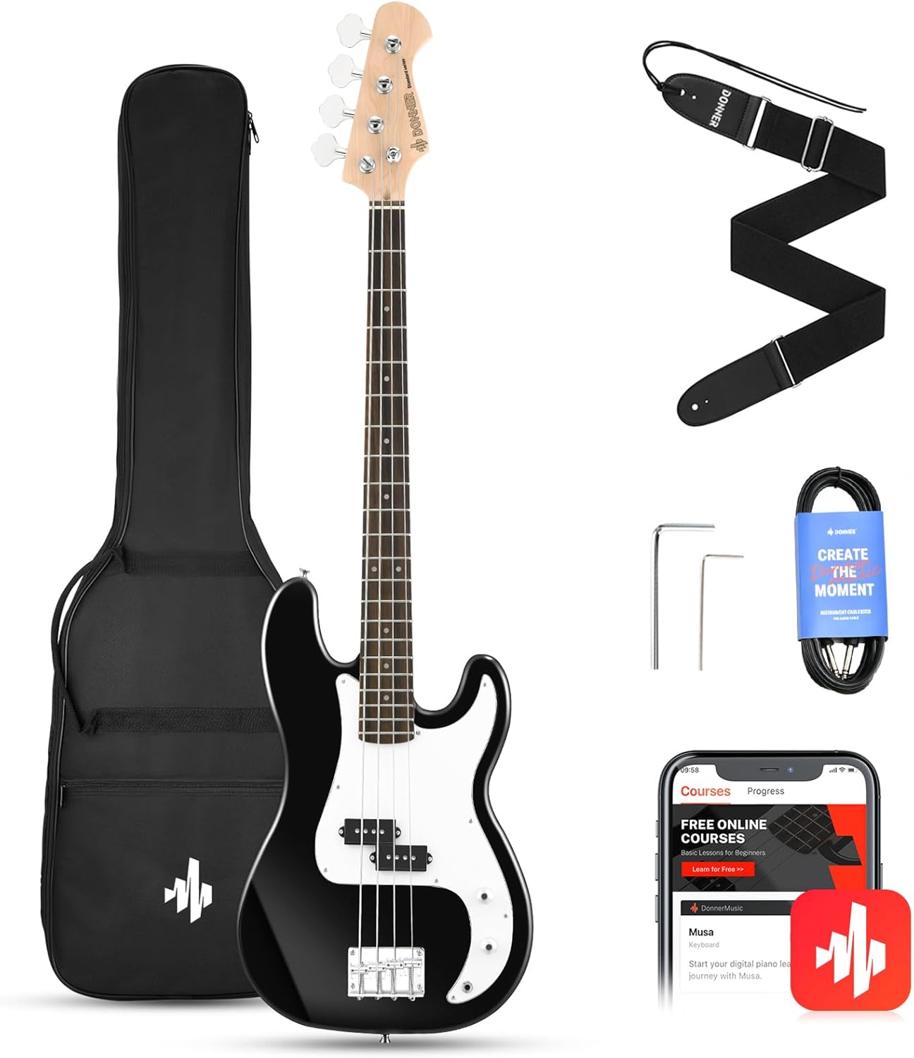 Donner Electric Bass Guitar 4 String P-Style Bass Full Size for Beginner with Bag, Guitar Strap, Guitar Cable (Black)