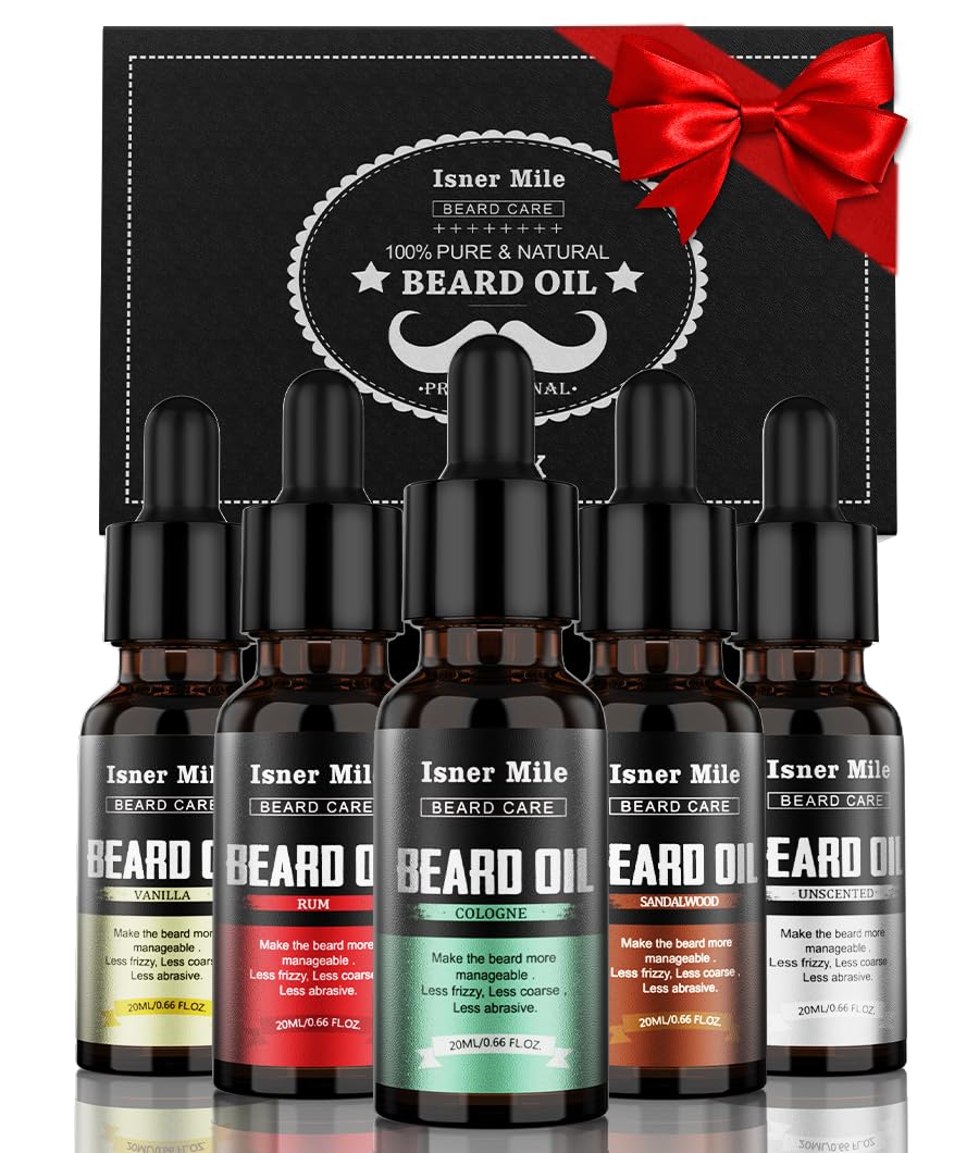 ISNER MILE Beard Oil Kit Stocking Stuffers: Gifts for Men Him Dad Boyfriend, Mustaches Conditioner - Soften - Strength with Sandalwood, Bay Rum, Vanilla, Cologne, Unscented, Beard Grooming and Care