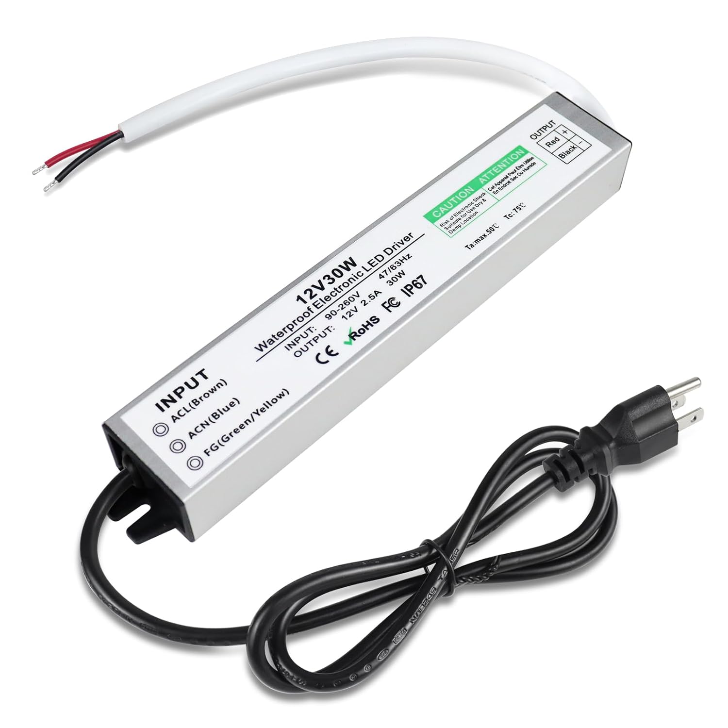 LED Power Supply 12V 30W, Waterproof IP67 LED Driver, LED Transformer with 3-Prong Plug 3.3 Feet Cable for LED Light, Computer Project, Outdoor Light, 2.5Amp