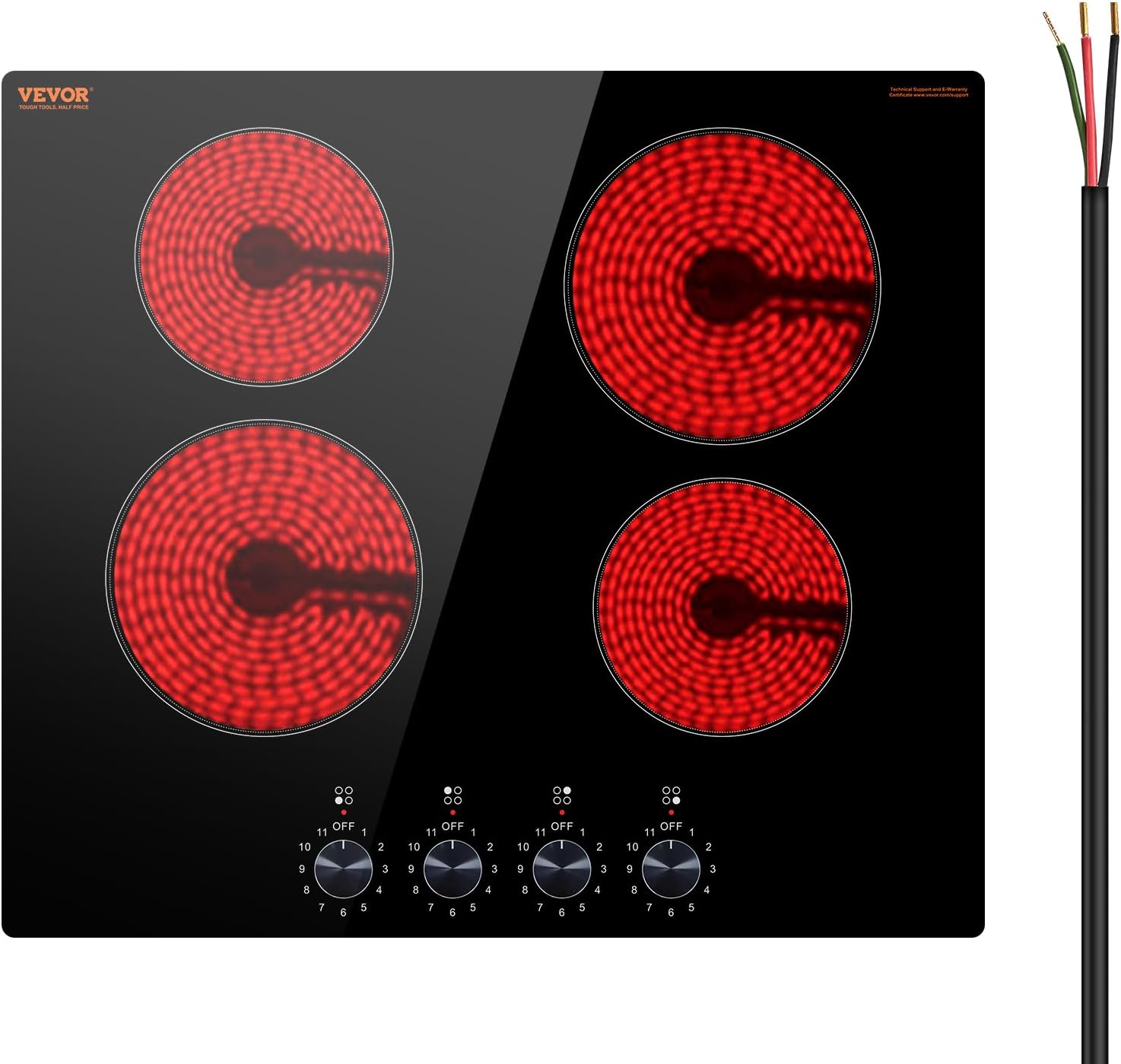 VEVOR Electric Radiant Cooktop, 6000W Ceramic Top Radiant Cooktop, 24in 4 Burners Built-in Electric Stove Top, with Glass Panel, Knob Control, 11 Heat Levels, 220-240V, Hard Wire (No Plug)