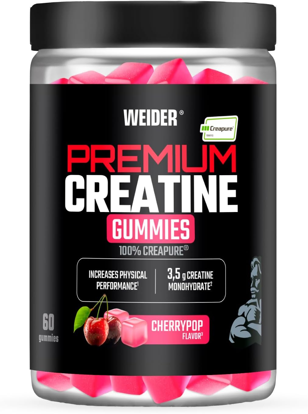 Weider Premium Creatine Gummies (60 gommes) Cherry Pop Flavour, with 3,5g Creatine Monohydrate 100% Creapure/dose, Helps to Increase Physical Performance (20 Servings)