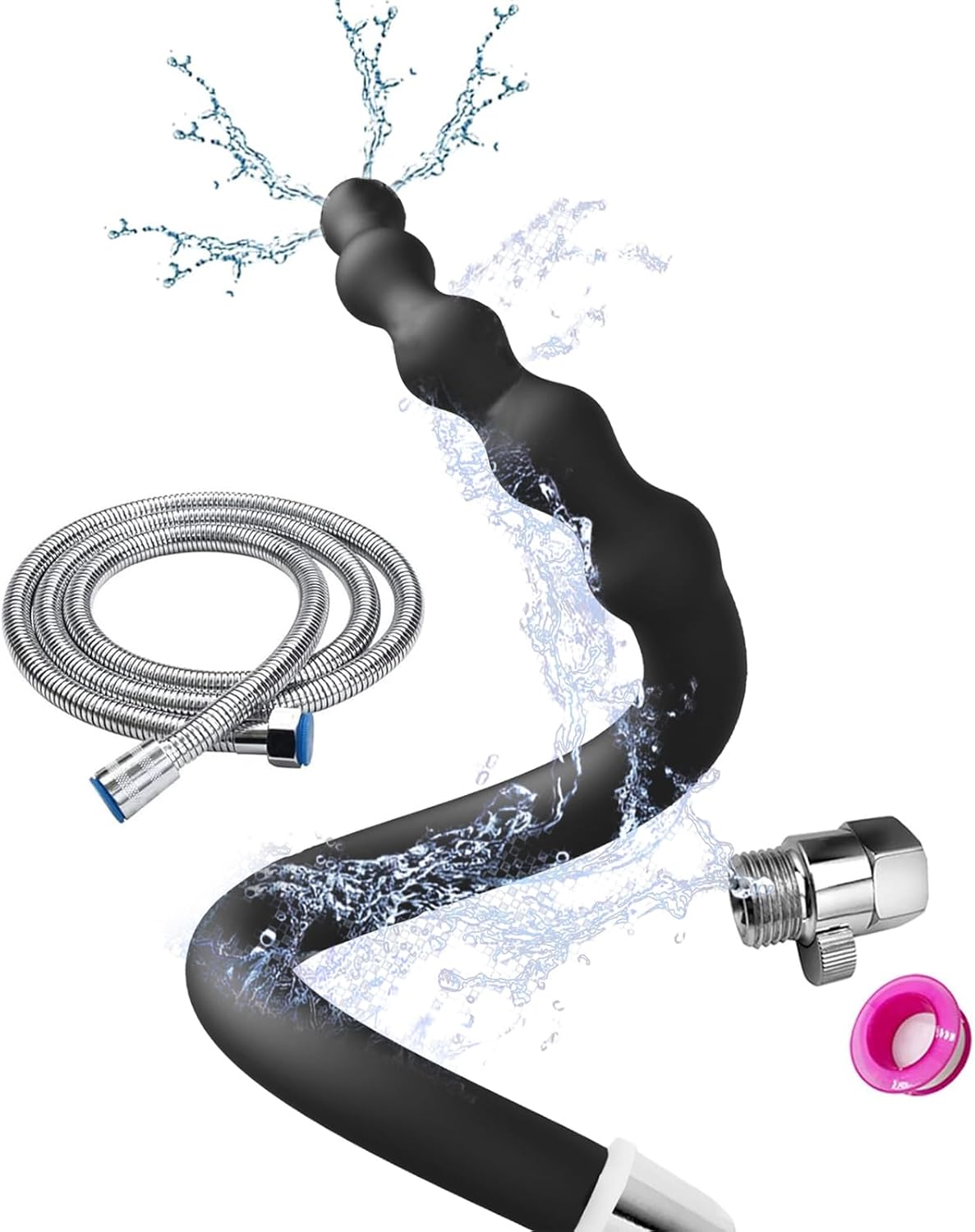 Shower Enema Douche Nozzles , 4 Holes Water Spray Comfortable Silicone Nozzles Enema Attachment, Reusable Shower Enema Hose with on/off control valve and shower hose, Black