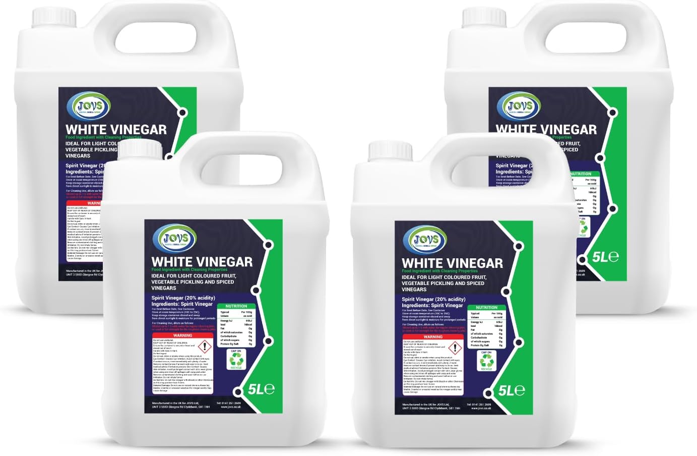 JOVS High-Strength White Vinegar | 20% Acidity | 4x 5L | 4x Stronger Than Regular Vinegar | Natural Weed Killer, Tough Stain Remover, Cleaning & Gardening Essential | Hospital- Food Grade 20L.