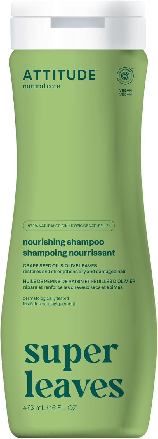 ATTITUDE Nourishing Hair Shampoo, EWG Verified, For Dry and Damaged Hair, Naturally Derived Ingredients, Vegan and Plant Based, Grapeseed Oil and Olive Leaves, 473 mL
