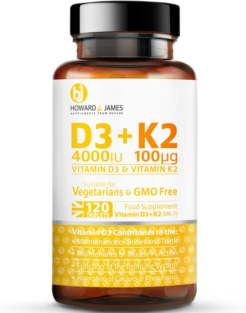 HOWARD & JAMES Vitamin D3 4000iu Plus Vitamin K2 100ug 120 High Strength Vegetarian Tablets