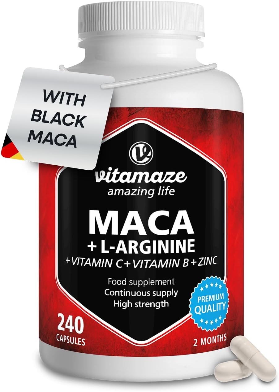 Maca Root Capsules for Women and Men with L-Arginine, B6, B12 and Zinc - Hormonal Balance, Anti-Stress, Energy Booster - 240 Capsules for 2 Months - Organic Supplement, German Quality- Vitamaze