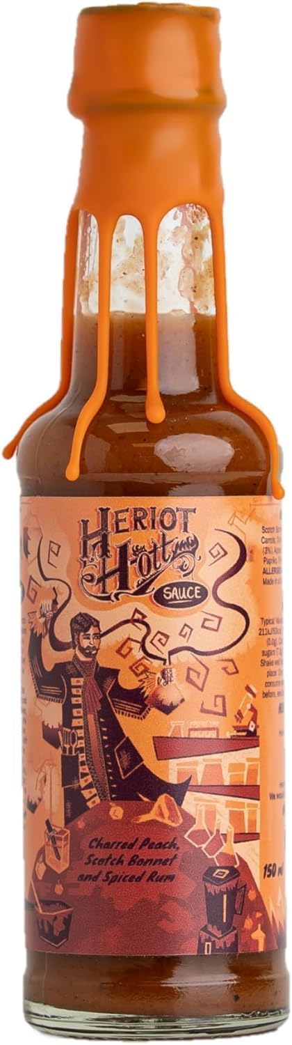 Heriot Hott Charred Peach Hot Sauce – Vegan, Medium Heat (4/10), Smoky & Fruity with Spiced Rum – 150ml Bottle
