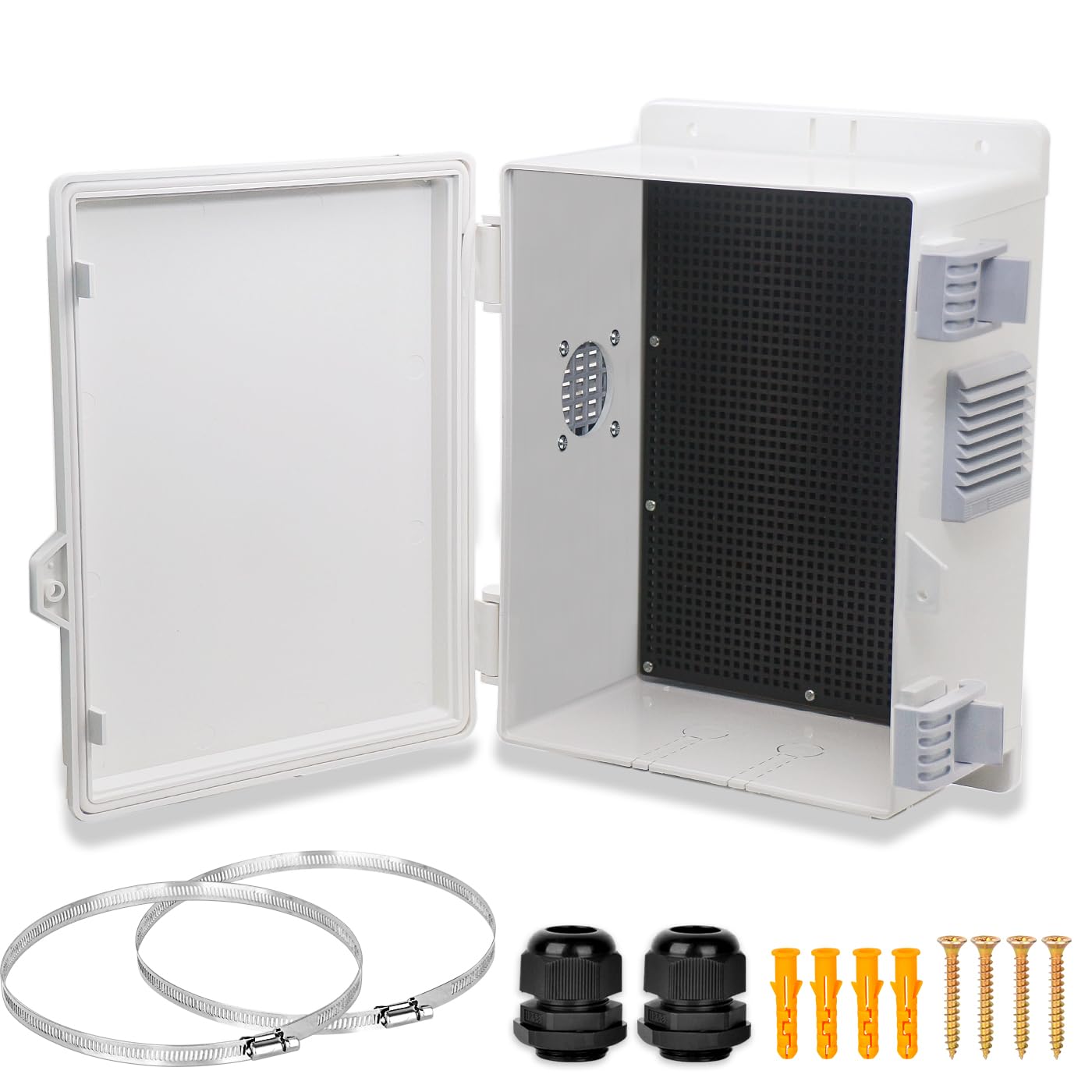 Electrical Junction Box, Outdoor Water Resistant Nema Enclosure, Ventilated ABS Plastic WiFi Project Box with Internal Mounting Panel & Hinged Cover 9.2" Lx 7" Wx 4.6" H