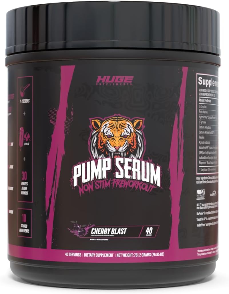 Huge Supplements Pump Serum, Stim Free Pre Workout and Nitric Oxide Booster to Enhance Focus, Pumps, Fulness with No Caffeine, L-Citrulline, GlycerPump, L-Tyrosine, Nitrosigine (Cherry Blast)