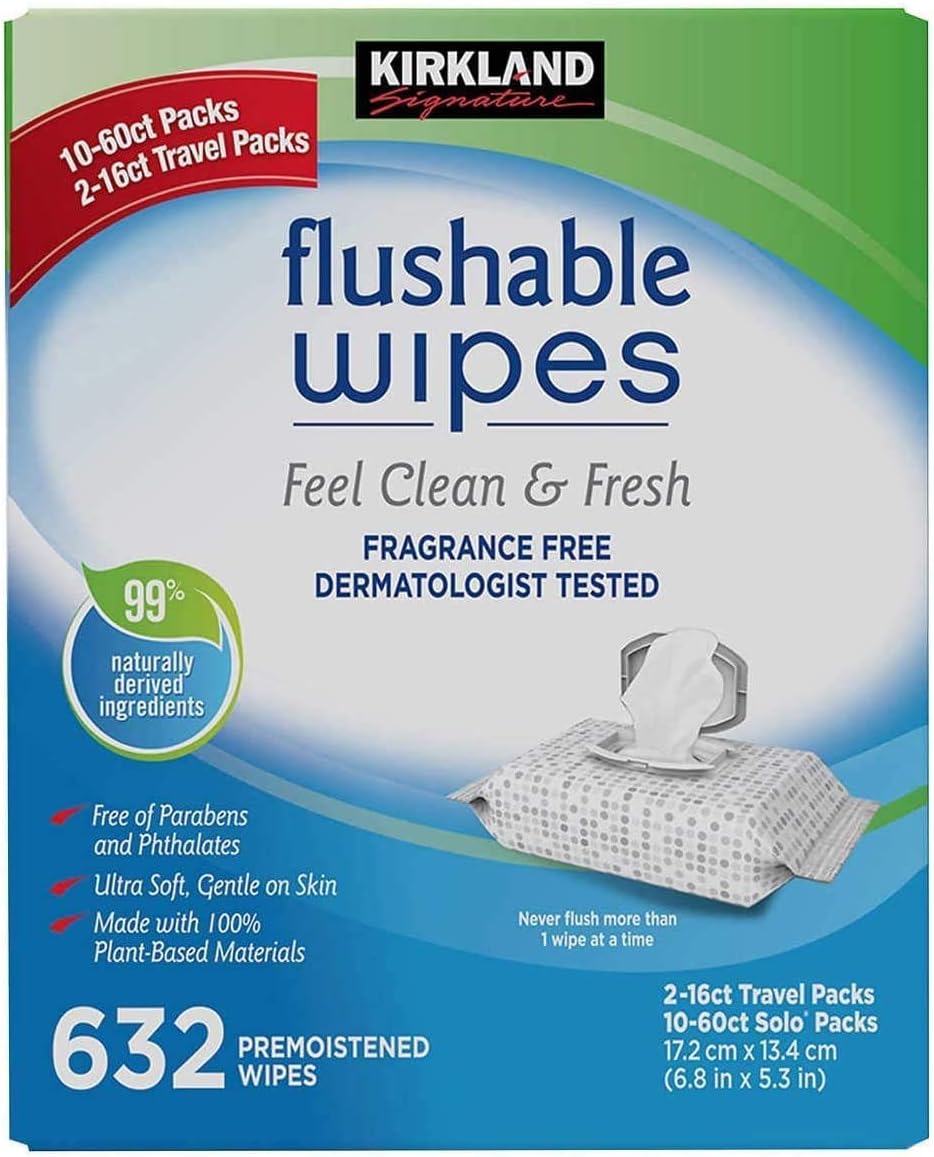 Kirkland Signature Moist Flushable Wipes 632 Count Fast, White