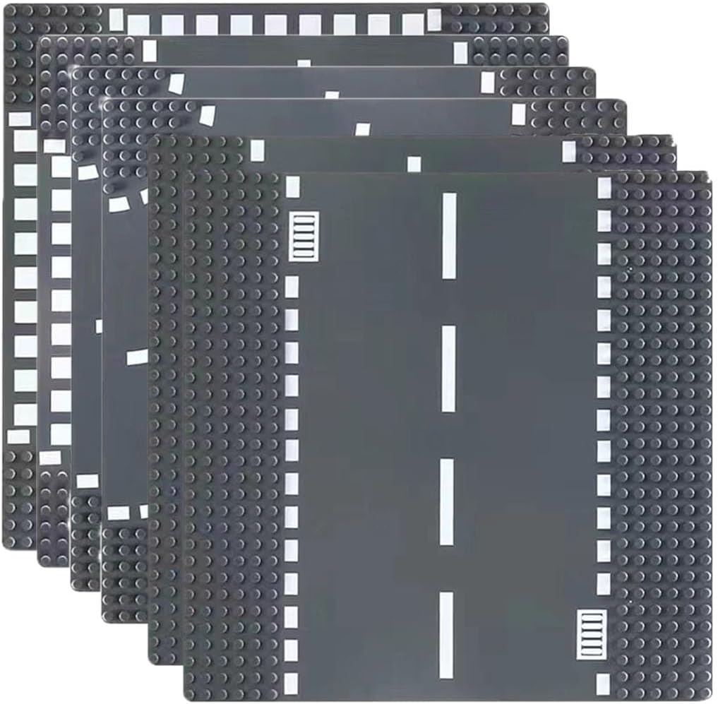 City Road Building Base Plates for City Street Road Building Baseplate Toy Compatible with All Major Brands Straight, Curve, Crossroad, T-Junction 10" x 10" 6 Pack Gray