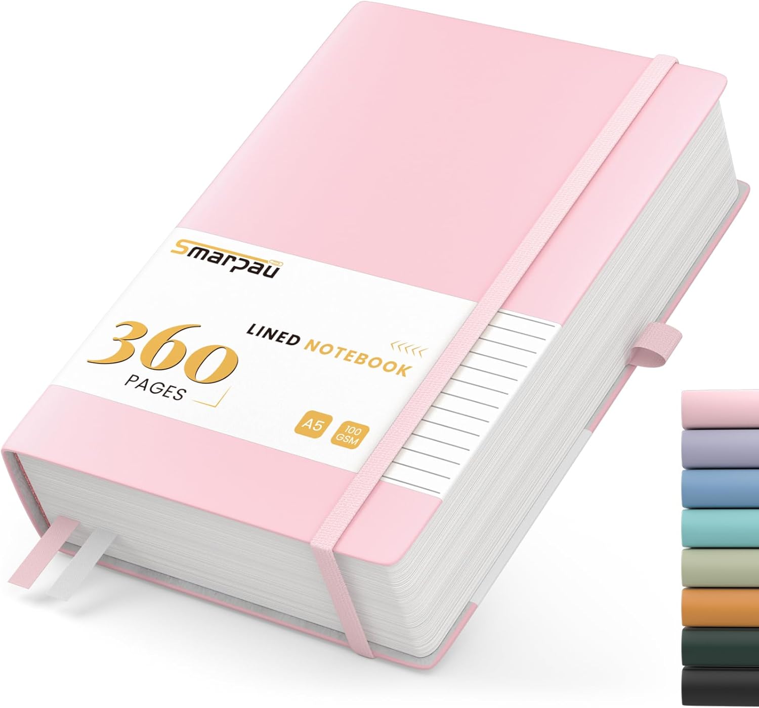 Smarpau 360 Pages Notebook A5 - Leather Lined Journal Notebook with 100gsm Thick Paper, College Ruled Journals for Women Men Writing School Office, 14.5 x 21cm - Pink