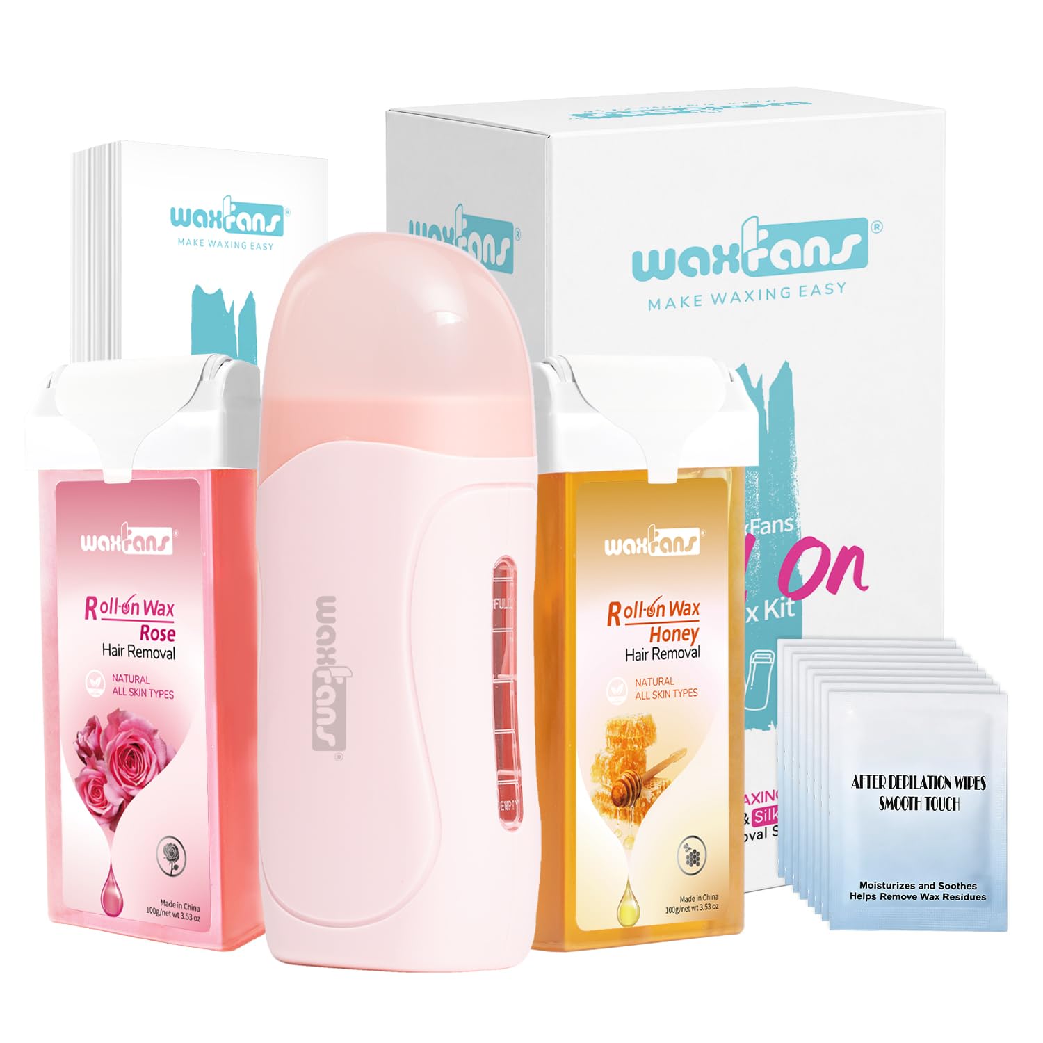 Waxfans Wax Roller Kit, Waxing Kit for Women & Men, Cera Para Depilar for Home Hair Removal on Body and Legs, with 2 Wax Refills & 50 Pcs Wax Strips, Easy & Smooth （Honey&Rose）