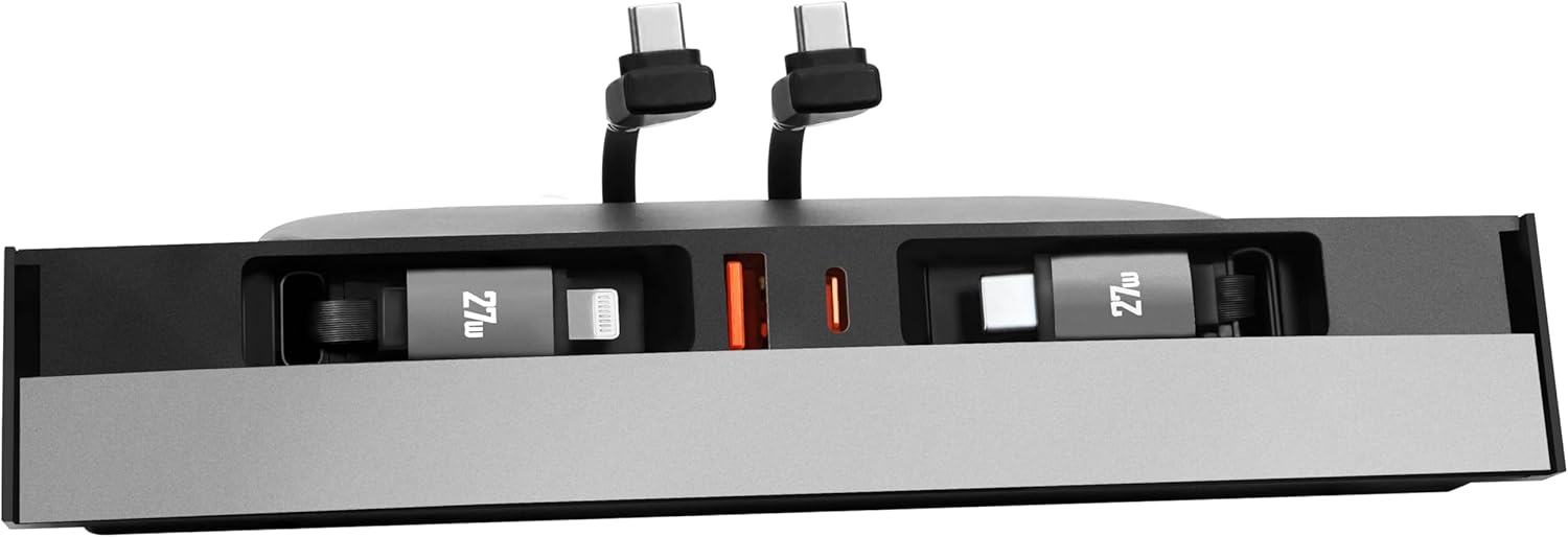 Leikaendi USB Hub Charger for Tesla Model 3 2021-2023 & Model Y 2021-2024 with Two 27W Fast Charging Retractable Cables, Slid Cover Phone Charger Center Console Docking Station Interior Accessories