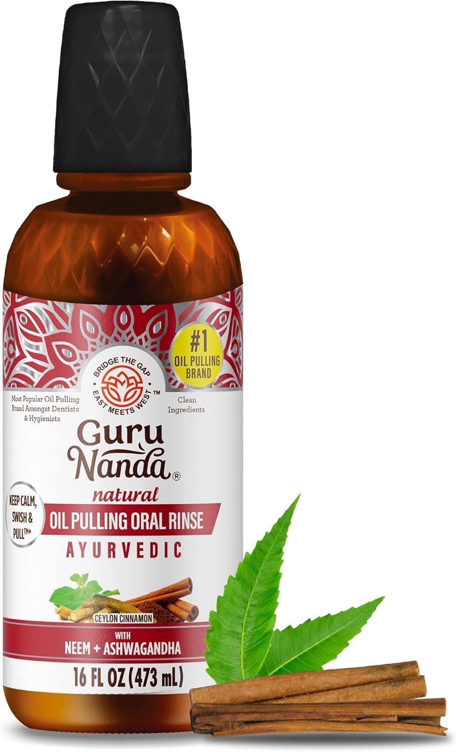 GuruNanda Ashwagandha Oil Pulling Mouthwash, Promotes Calmness, with Neem & Roman Chamomile for Fresh Breath & Happy Gums, Alcohol-Free (473 ml)