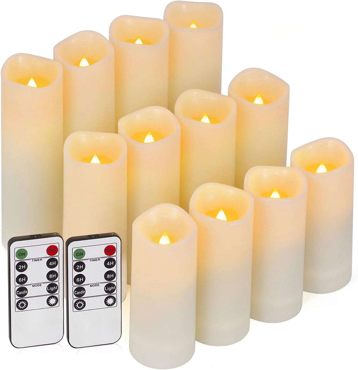 Enido 12 Pc Flameless LED Candles with Remote & Timer, Outdoor Waterproof, Flickering Electric Warm Lights for Cozy Home & Holiday Romantic Decor, Battery Operated (D 2.2” x H 4”/5”/6”