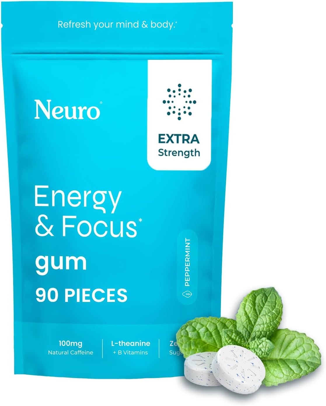 NeuroGum Extra Strength Energy & Focus Gum (90 Count Bag, Peppermint) | 100mg Natural Caffeine + L-Theanine + Vitamin B12 & B6 + Xylitol | Sugar Free Nootropic Cognitive Brain Performance Supplement