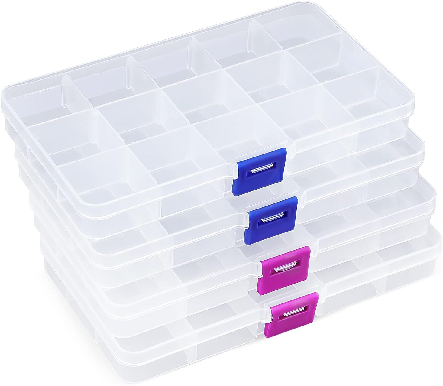 Opret 4 Pcs Bead Storage Box, 15 Grids Plastic Jewellery Organisers Small Clear Containers with Adjustable Dividers Compartment Craft Case, Size 17x9.5x2cm