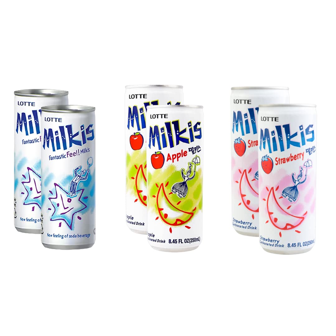 Lotte Milkis 6 Flavors Combo (Original, Apple, Melon, Peach, Banana, & Strawberry) (Original, Apple, Strawberry, Pack of 6 (2-2-2))