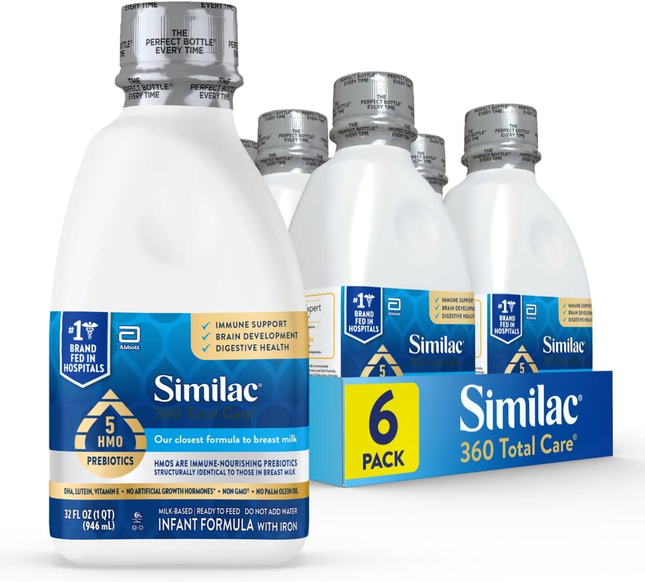 Similac 360 Total Care Infant Formula, Has 5 HMO Prebiotics, Our Closest Prebiotic Blend to Breast Milk, Non-GMO, Baby Formula, Ready to Feed, 32-fl-oz Bottle, Pack of 6