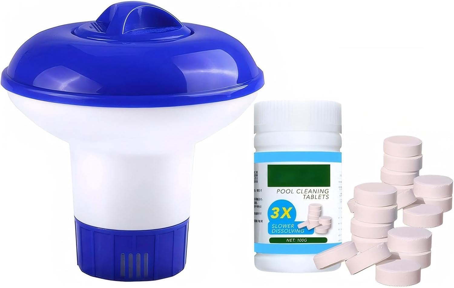 Chlorine Tablets for Hot Tub, 100g Chlorine Tablets for Swimming Pool with Floating Chlorine Tablets Dispenser for Swimming Pool Paddling Pool Spa Bathtubs