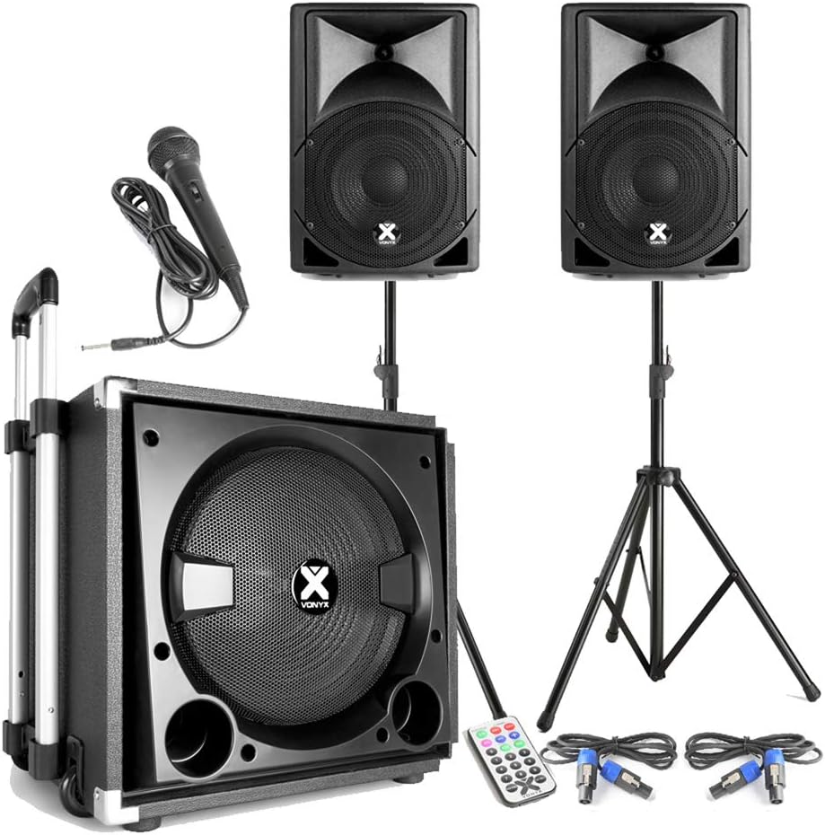 Vonyx VX800BT 2.1 Active PA Speaker System 800W with Bluetooth, Powered Subwoofer, Speakers, Stands & Microphone - DJ, Karaoke & Events, Portable Sound Kit