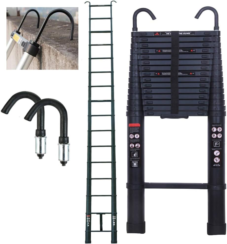 6.2M Telescopic Ladder Come wiht Roof Hook Kit Aluminium Black Portable Multi-Purpose Folding Extension Ladders EN 131 for Outdoor & Indoor Builder DIY Projector Easy Carry 150kg/330lbs Max. Load
