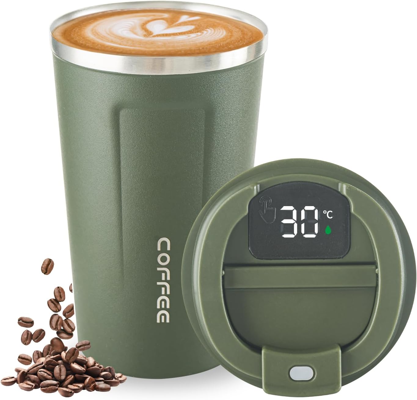 Newvenper Stainless Steel Vacuum Insulated Travel Coffee Mug, Led Temperature Display Insulated Tumbler, Leak Proof with Lid Keeps Cold and Warm, Suitable for Coffee, Tea and Beer (Green)
