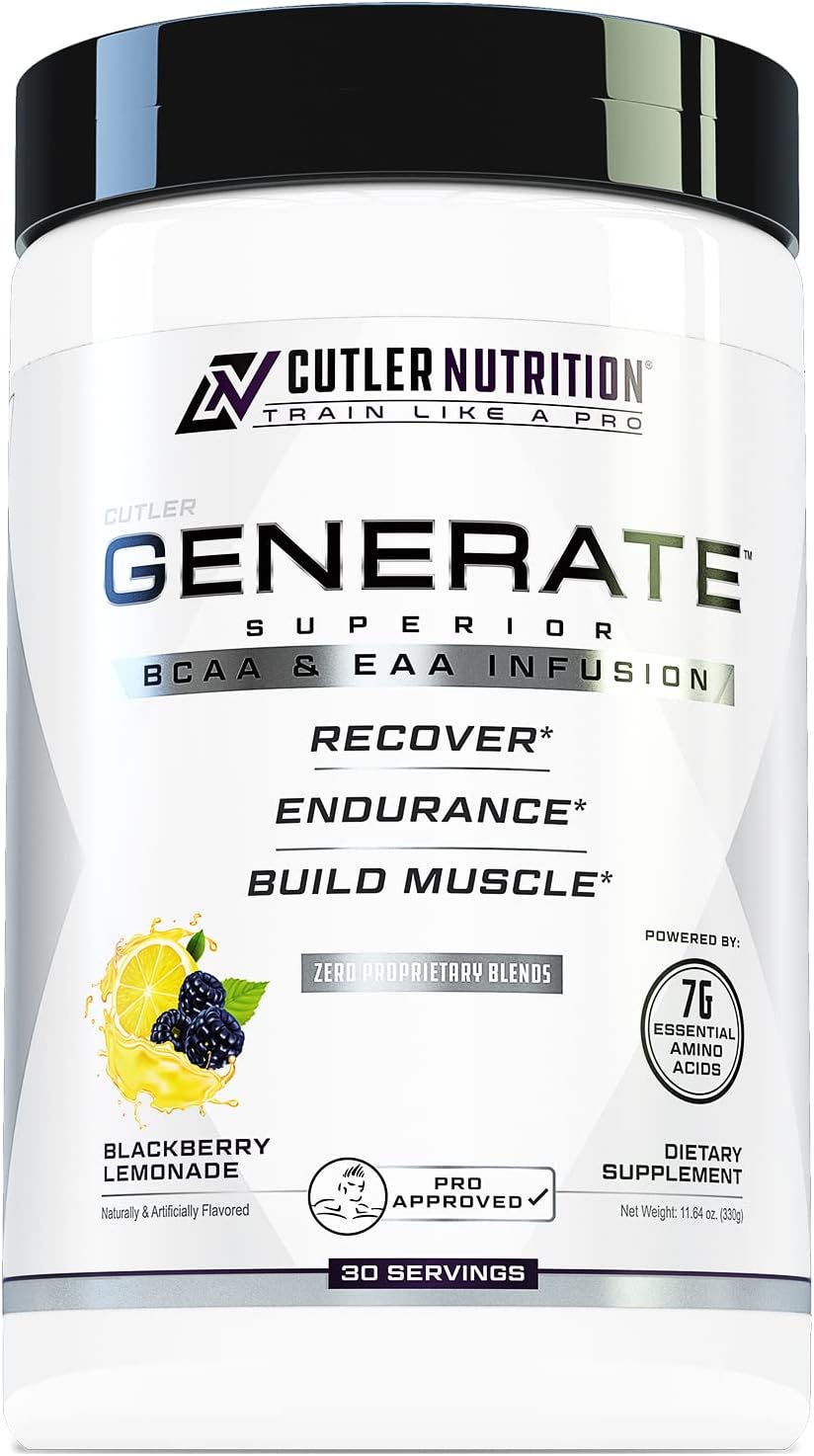 Generate EAA and BCAA Powder: Best Post Workout Recovery Drink and Branched Chain Amino Acids Supplement with Essential Amino Acids, 5g BCAAs, 2g EAAs | BlackBerry Lemonade, 30 Servings
