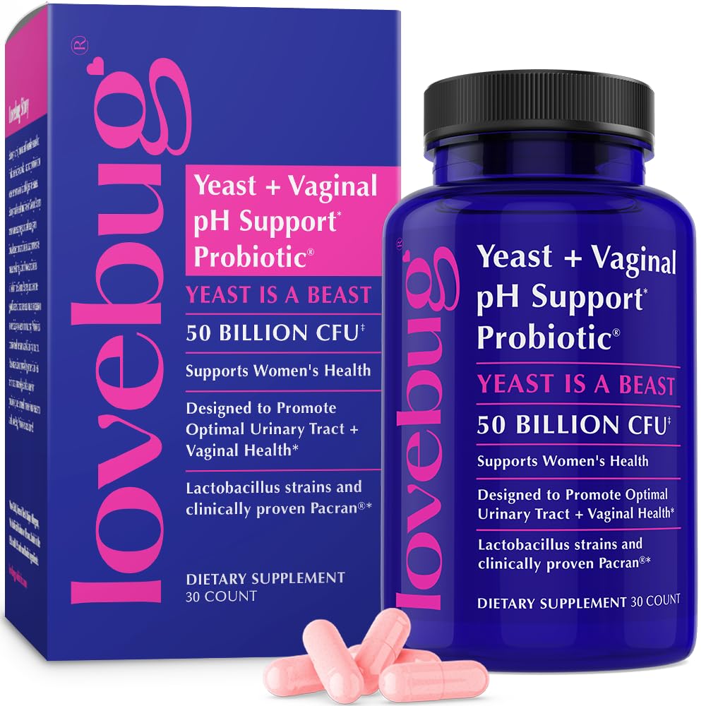 LOVEBUG Yeast + Vaginal pH Support | Clinically Studied Ingredients for Yeast & UTIs | Multi Strain 50 Billion CFU | 30 Capsules