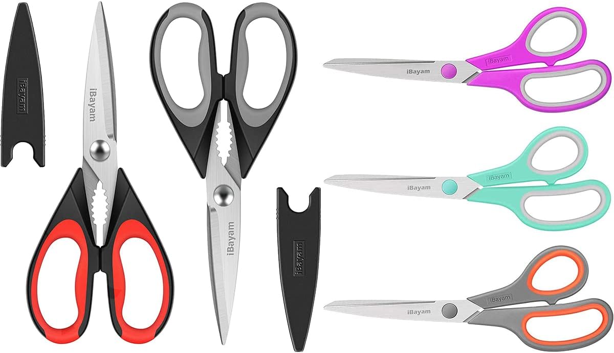 iBayam 2-Pack Kitchen Shears with 3-Pack Multipurpose Office Scissors Bulk