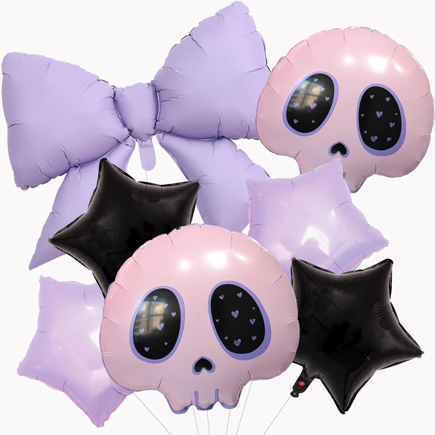 Pink Skull Balloons, Purple Bowknot balloons, Black Purple Star balloons for Girls Birthday Party Decorations, Gothic Birthday Supplies,​Halloween Party Decorations 7pcs