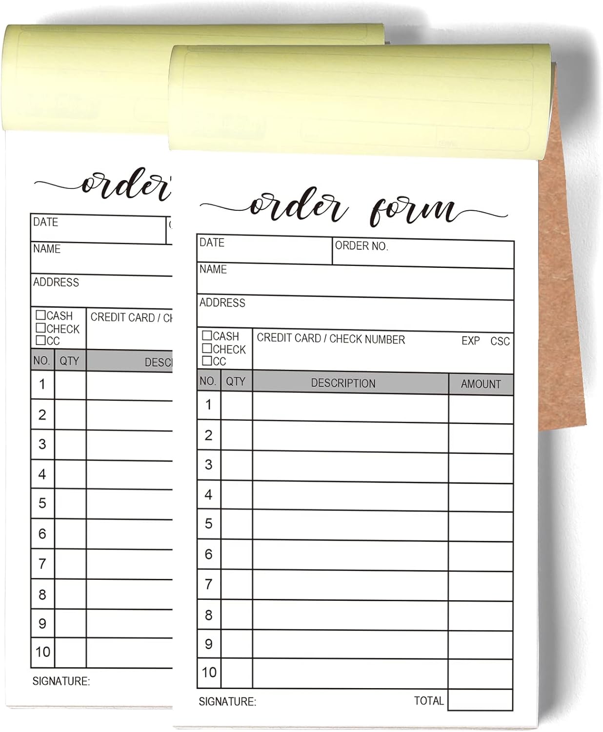 2 Packs 50-Set Order Form Pad, Carbon Duplicate Copy Sales Receipt Form, Invoice Booklet for Stores, Warehouses, Offices, and Restaurants, 3.4x5.5 Handheld, 2-Part Carbonless-White/Yellow.