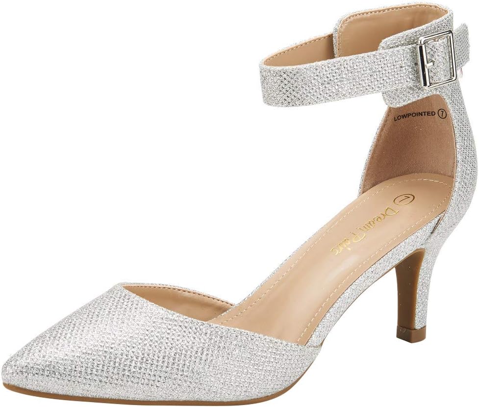 DREAM PAIRS Womens Court Shoes Pointed Toe Low Kitten Heel Ladies Pumps Ankle Strap Dress Sandals