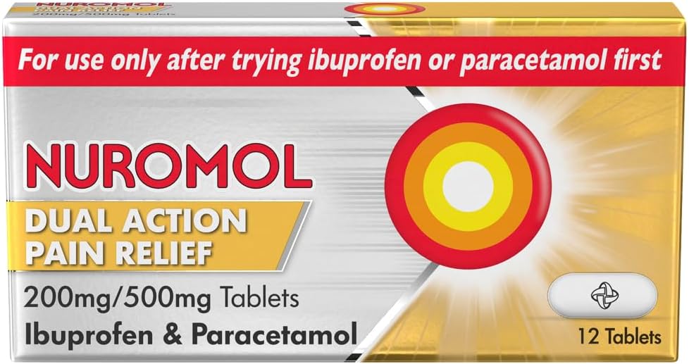 Nuromol Pain Relief Ibuprofen and Paracetamol Tablets, 12 Pack, Migraine Relief, Headache Relief, Joint, Period, Flu Tablets, Powerful Painkillers, Paracetamol, Pain and Fever