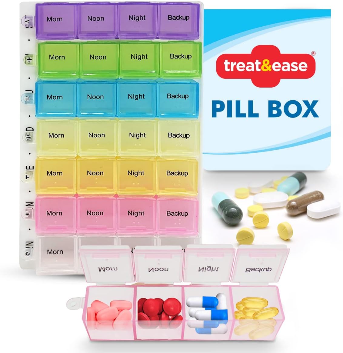 Treat&Ease Weekly Pill Box Organiser 7 Day 4 Times a Day - Daily Medication Storage with Compartments, Colour-Coded Tablet Sections, Travel-Friendly Design, Easy-Open Lids for Elderly Pill Management