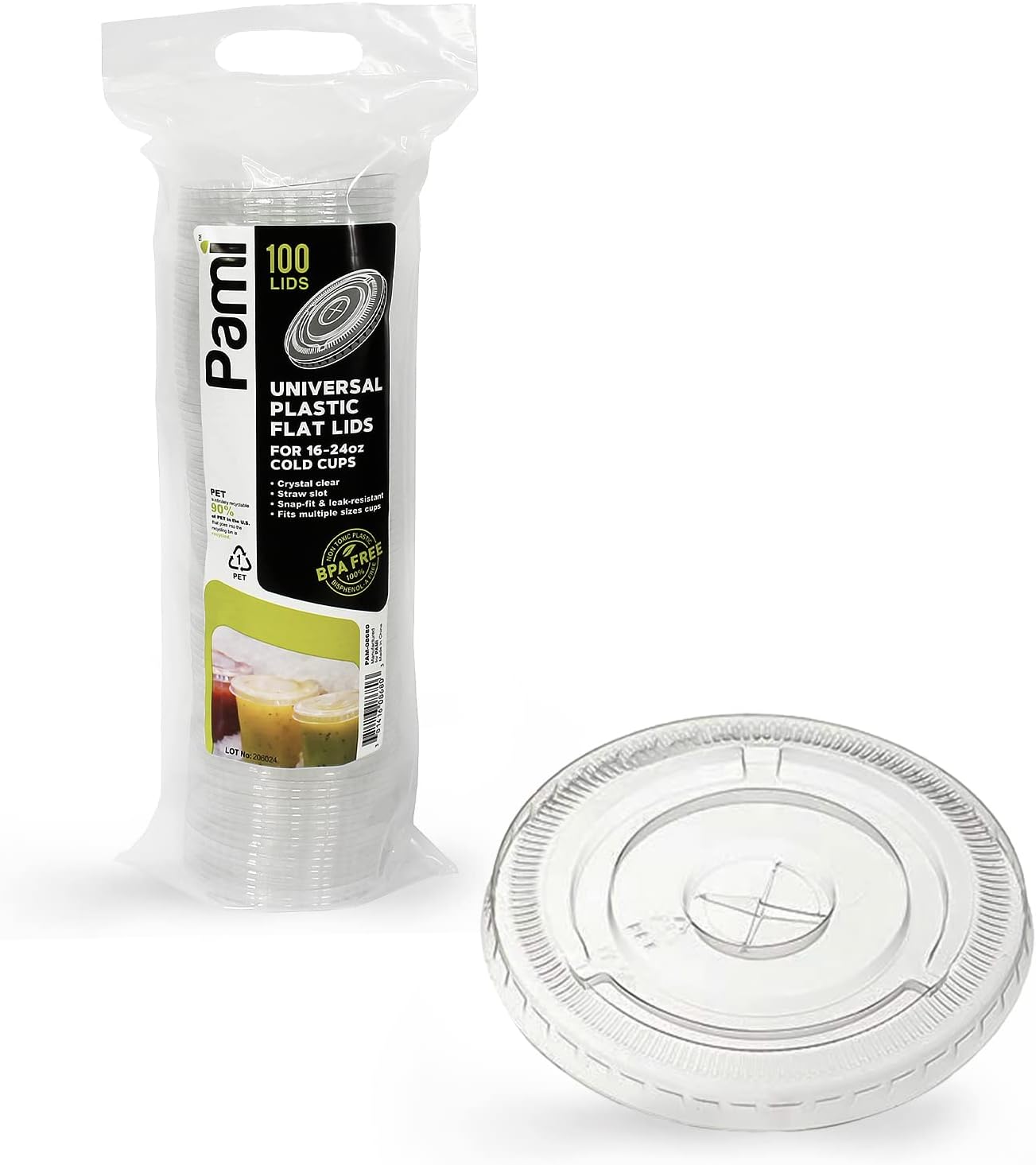 PAMI Clear Plastic Flat Lids with Straw Slot for 16 Oz Cups [Pack of 100] Fits 16, 20, 24 Oz Cups Disposable Leakproof Bpa- Pet Lids