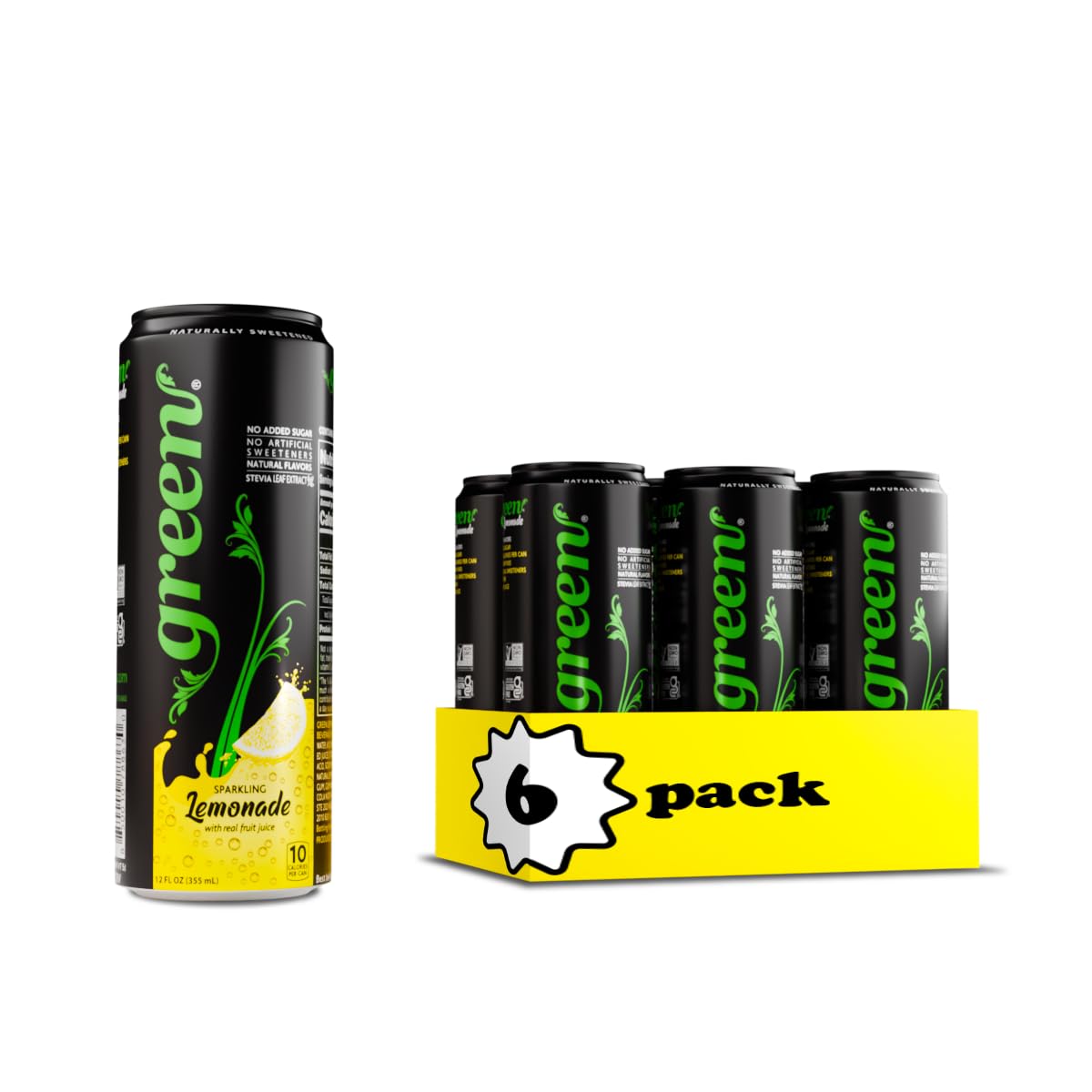Green Lemonade - No added Sugar, 6% Real Lemon Juice, 10 Calories per can, Naturally Sweetened with 100% Stevia Leaf Extract, Carbonated Soda, 12 Fl Oz each can - Pack of 6