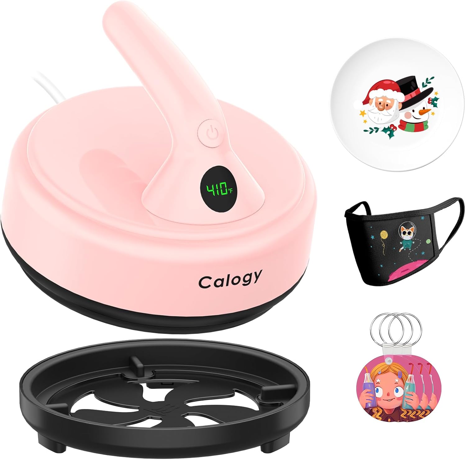 Calogy Mini Heat Press, 5" Diameter Round Heat Press Machine for T-Shirt Portable, 4 Levels Temp Max 410℉, Small Iron for Crafts, Coaster, Bag, Pillow, Ceramic, Sublimation Ink Vinyl Transfer (Pink)