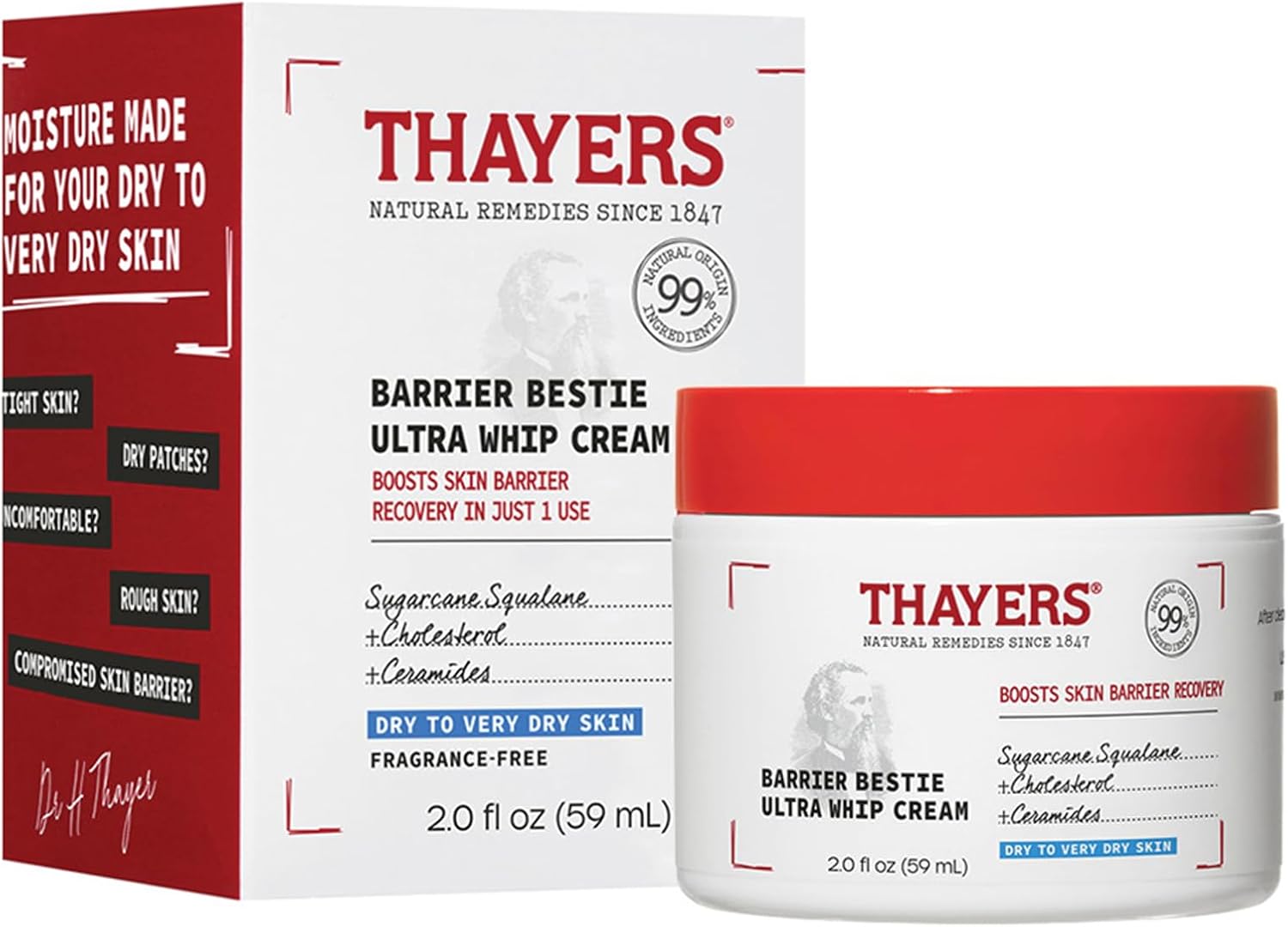 Thayers Barrier Bestie Ultra Whip Face Cream - Moisturizer with Sugarcane Squalane and Ceramides - Skin Care for Dry to Very Dry Skin - 59 ml
